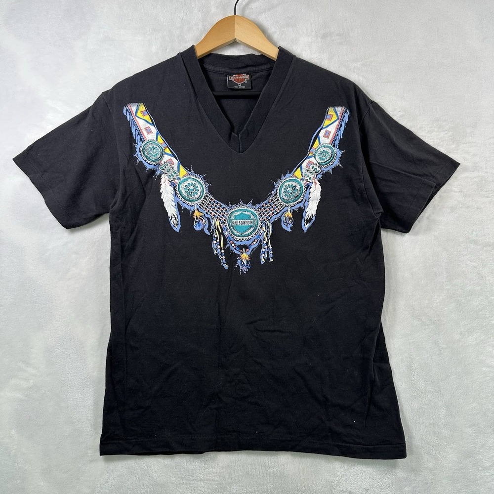 Vintage 90s Harley Davidson Holoubek Womens M Shirt V Neck Dream Catcher Glitter